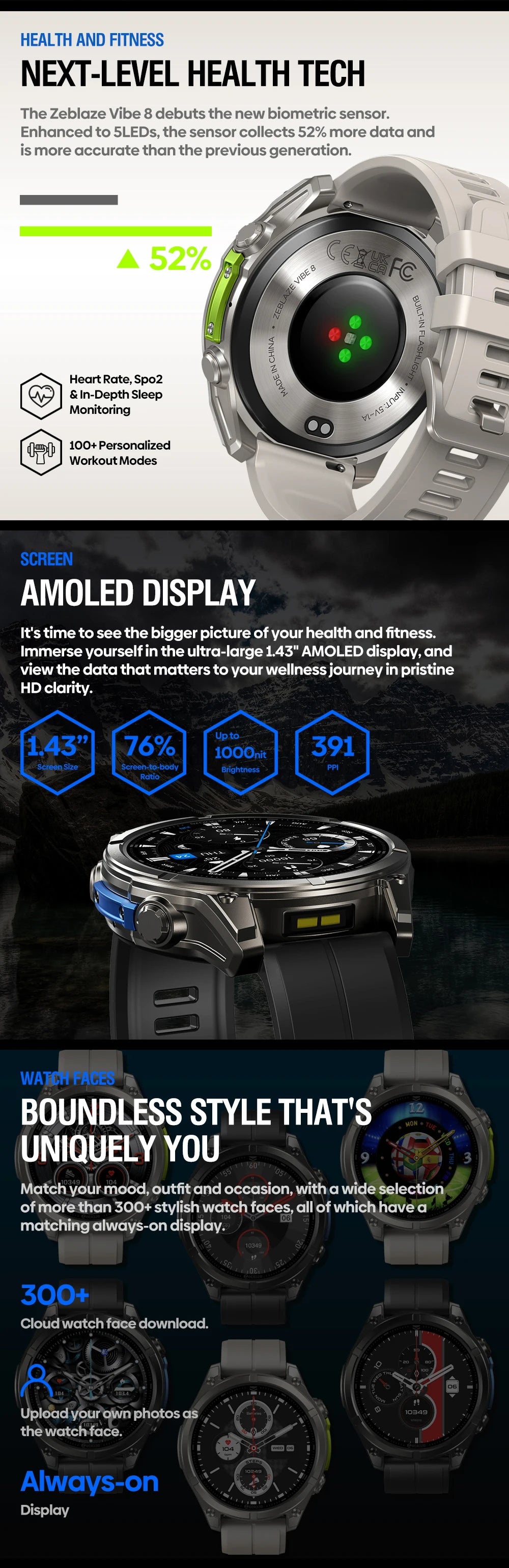 NEW 2025 Zeblaze VIBE 8 Voice Calling 1.43" AMOLED Display Smart Watch Built-in Flashlight Heart Rate Blood Pressure Smart Watch