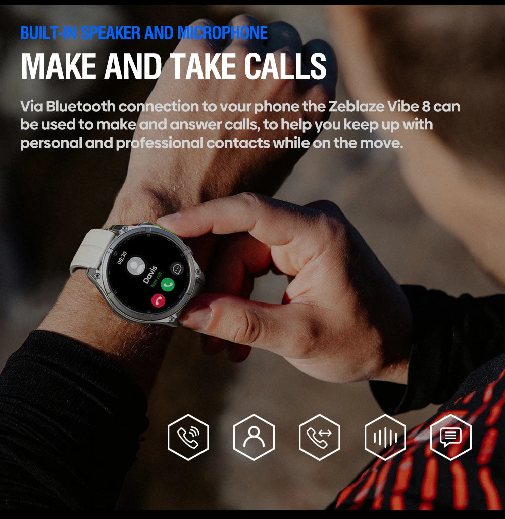NEW 2025 Zeblaze VIBE 8 Voice Calling 1.43" AMOLED Display Smart Watch Built-in Flashlight Heart Rate Blood Pressure Smart Watch